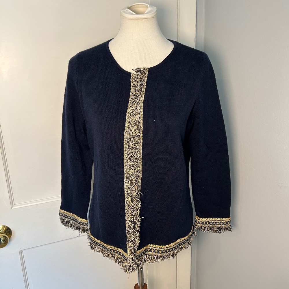 Chico's Navy knit cardigan| gold & grey fringe| Size 2/Med| Travel Cruise